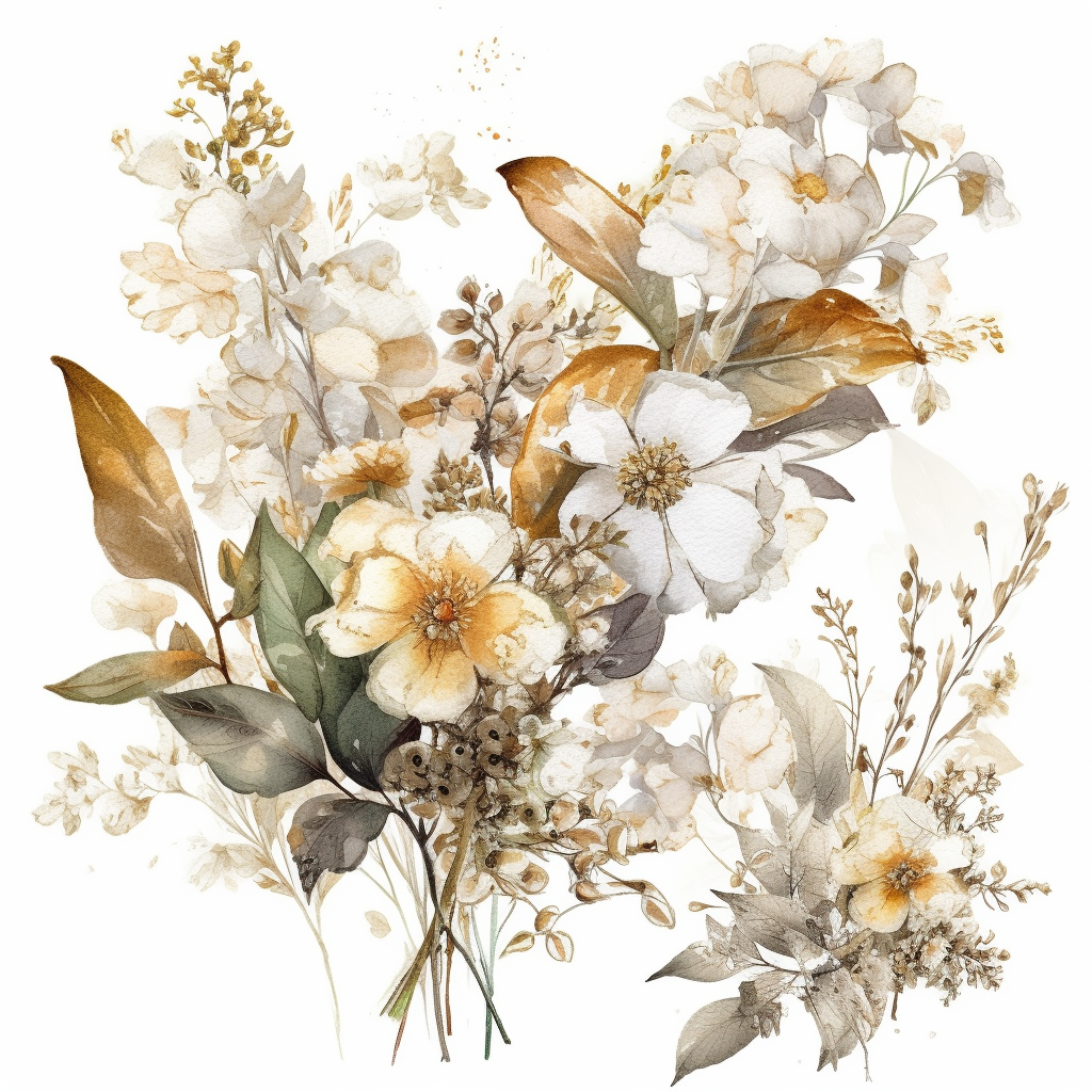 intricate three small bouquets of different white wild fall flowers ...