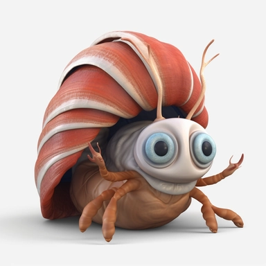 hermit crab swirled shell 3d Cute Animated Sea Animal Clipart, disney pixar style Animated ocean clipart, white background