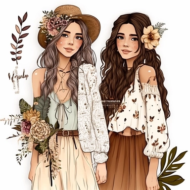boho Best Friends Clipart, Girlfriends, full body, fashion, pretty face