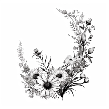 modern, minimalistic set of wildflowers in the shape of one giant L shape corner of the image frame, in the style of hand-drawing black and white on a clean white background, wedding clipart flowers