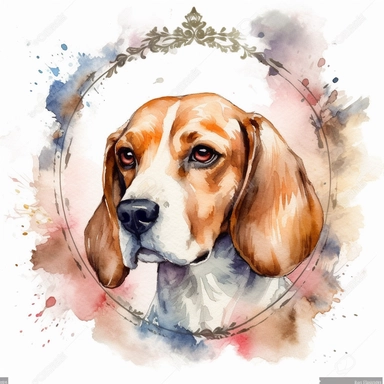 clipart of a cute happy majestic beautiful watercolor playful queen elizabeth pocker beagle and a pretty circular frame white background and contoured
