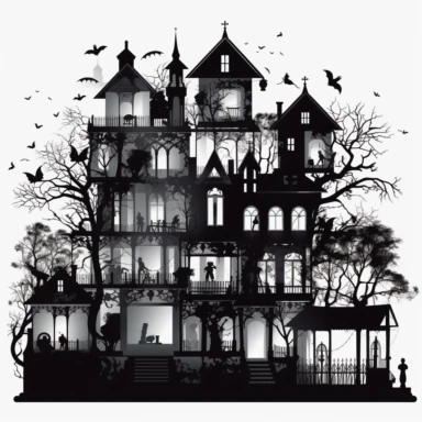 scary dark haunted house halloween silhouettes ultra highly detailed, 18k, sharp focus, high definition, intricate detailed png image, 300dpi, graphic clipart, computer graphics, With white background for removing, no text on image