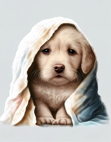 baby dog in a blanket, watercolor clipart, transparent background,
