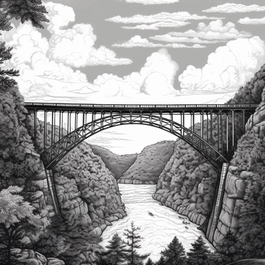 a black and white clip art style picture of the bridge at New River Gorge National Park