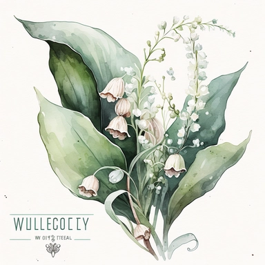 A watercolor clipart featuring a single delicate muguet (lily of the valley) flower. The flower is depicted with intricate details, capturing the texture and delicacy of each petal and leaf. The watercolor technique used in the painting gives the image a soft, dreamy quality, with the colors blending together in a way that suggests movement and life. The single flower design adds a simple and elegant touch to the image, making it suitable for a variety of occasions such as weddings, bridal showe