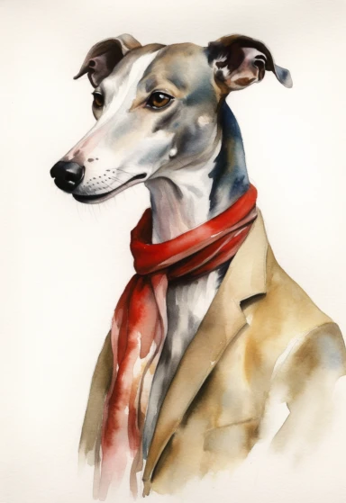 watercolour of a Spanish Greyhound wearing A fitted grey blazer with a crisp white collar and cuffs, Accessory A deep red necktie, clipart, white background, colourful, pastel color, watercolour, single sheet