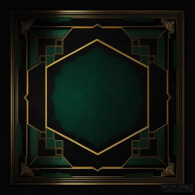 isolated, deep emerald art deco rug with gold edging Clipart laying on the floor, on black background
