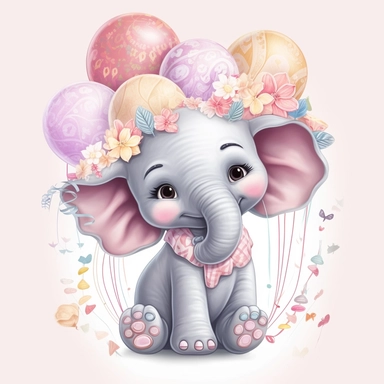 a detailed very colorful vector Clipart image sticker of a beautiful majestic magical floral smilling baby elephant and pastel pink balloons colors holding balloons with a white background, pastel light colors, fall colours, gold ropes, photorealistic, cinematic, Cinematic, Color Grading, Editorial Photography, Photography, Photoshoot, Shot on 70mm, Ultra-Wide Angle, Depth of Field, DOF, Tilt Blur, Shutter Speed 1/1000, F/22, Gamma, White Balance, Neon, Light, Dark, Light Mode, Dark Mode, High C