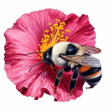 Fluffy Bumblebee on a hibiscus flower, highly detailed, acrylic paint, 16k, realistic, isolated on a white background, clipart