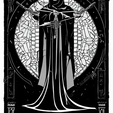 medieval character concept, black cloaked mercenary, representing death, feminine form, png, png cut out, dark blacks, intricate detail, symmetrical design clipart,