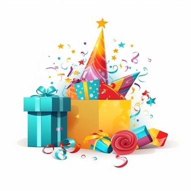 Birthday Gift Box With Birthday Elements Like Hat, Sparkle, belon, Star, Clipart, Vector Style, Logo design, White Background