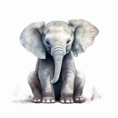 Watercolour cute baby elephant sitting, beautiful details, ultra detailed, ultraphoto real intricate detailed, high definition, graphic clipart, hyper realistic,detailed, white background