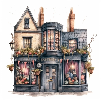 a spooky magic shop decorated for Halloween , diagon alley from Harry Potter inspired, magical, Gouache, white background with margins, Clipart style