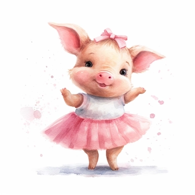 a cute ballerina pig dancing, full body, pencil and watercolor clipart style, cartoon style, super high quality, high resolution, pastel colors, isolated white background, 8k