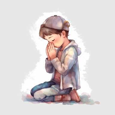 Watercolor Prayer Prayer Hand png Full body realistic cartoon 32k UHD cute. 15 cm thick outline. Black color. There was no shadow on the ground. with realistic watercolors and detailed illustrations. Cartoon, PNG clipart, transparent white background