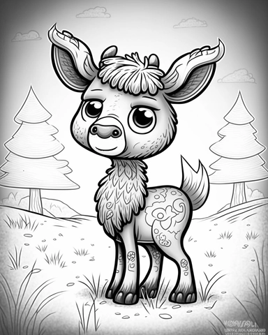 cute moose - in a pasture for children’s coloring book, cartoon style, thick lines, no shading assasinmonkey, duplicate faces, blurry, drawing, cartoon, illustration, painting, concept art, cgi, unreal, anime, black&white, b&w, picture frame, deformed, bad anatomy, disfigured, poorly drawn face, mutation, mutated, extra limb, poorly drawn hands, done by bad-artist, ugly, dazed, 3D render, 3D game, 3D game scene, 3D character, mosaic, painting, digital art, anime, doll, toy, photoshop, video game