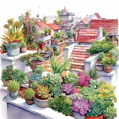 Watercolor, hyper realistic, white background, white margins, 16k, ultra detailed clipart, cut out image, hand - drawn rooftop garden with a mix of succulents and colorful flowers in pots, with shades of bright green and pops of pink, purple and yellow