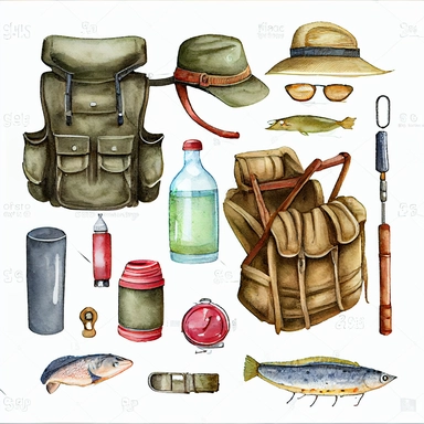 Collection of elements for fishing. Tackle box, vest, hat, bag, rubber boots, folding chair, fish, flashlight, bait. Vintage fly fishing equipment watercolor illustration set of elements, watercolor Illustration clipart, 4K, extremely detailed