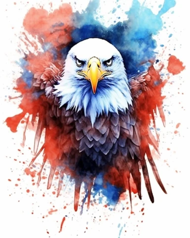 Watercolor American eagle, American Flag, Stars and Stripes, double exposure, integrated, red white and blue, unreal engine, splashed, clipart, white background