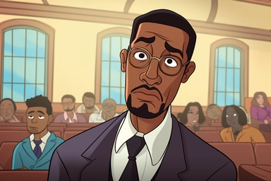 cartoon black man-court worker on the background of a clipart, in the style of the Quito school, #vfxfriday, surprisingly absurd, hd, female style, american barbizon school, strong lines