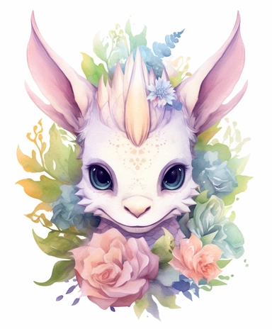 clipart: watercolor adorable cute chibi dragon with doe eyes and flowers clipart, muted colors, hd, on white background, spaced out