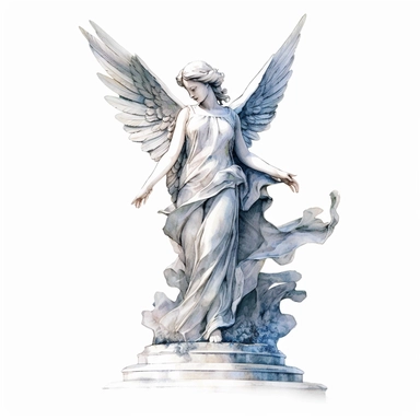 angel statue watercolour in the style of digital airbrushing, realistic yet stylized, digitally enhanced, elaborate costumes, 32k uhd, clipart, white background