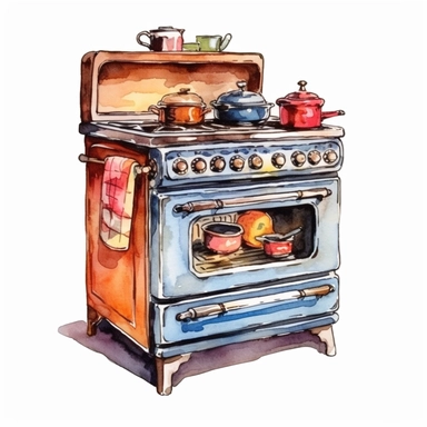 vintage cooking oven, watercolour and ink illustration, high quality, sharp image, clip art, white background