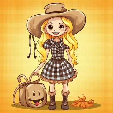 little cute blond girl, braids in her hair with bows at the ends, smiling, beautiful festa junina dress plaid, big hugh eyes, smiling, straw hat on her head, boots, clipart style, embarressed with black outline,