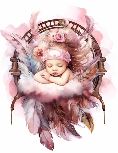 watercolor steampunk new born baby in a basket crib, pink steampunk, fantasy feathers in the background, watercolor, sublimation clipart, white background, fantasy style, soft colors