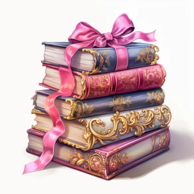 Make a clipart of a fairytale watercolor book stack with detailed binding on a table, rococo, with bright colors of pink, black outlines, hd, gold accents, white background