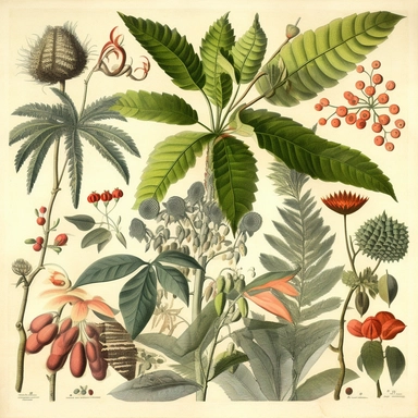 Clipart, vintage, watercolor, Botanical prints from the 1800s representing the diverse plant life of the South American rainforests, hand draw, texture