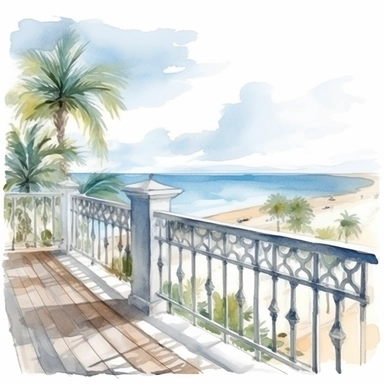 coastal view from a balcony , very detailed and realistic, watercolor, white background with margins, clipart style
