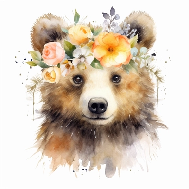 isolated clipart, cute bear with flowers on its head, highly realistic, flickr, watercolorist, uhd image, multi-layered mixed media