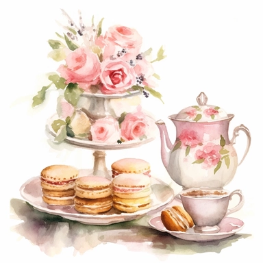 various the cups and teapots in the set with dessert table at a pink rose-themed tea party reminiscent of the traditional British afternoon tea, with a touch of love, featuring an assortment of delectable treats cartoon style, watercolor, pastel color palette, sunday afternoon tea time, different elements of tea time style, clipart, white background