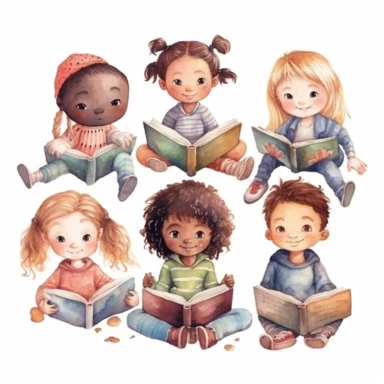 many different nationality Cute little children reading a book, folk art, watercolor, clipart elements, kawaii, white background