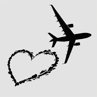 simple silhouette of Black airplane on plain white background, lineart, clipart, vector, leaving a simplie line that looks like a heart