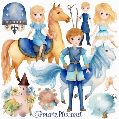 A watercolor collection by Penelope Whimsy, showcasing a playful and heartwarming clipart set of blue fairy tale prince characters in 5 diverse hair and skin colors, complemented by delightful details such as a shield, horse, dragon, prince crown, castle, knights, and armor, great for designing invitations, planner stickers, party printables, and embroidery projects.