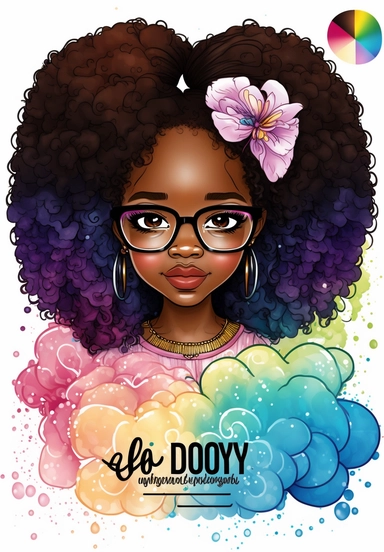 2d watercolor clipart kawaii, spring, april, character of beautiful african american woman, Intricately rendered dark Skinned woman, full body portrait, intricately rendered, 8k, short thick curls brown hair, sparkles, generously detailed, hyper realistic, digital, long rainbow eye lashes, beautiful retro comic urban chick, smart, books, nerdy, glasses, 4k,
