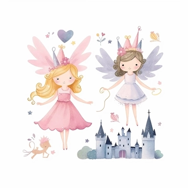 Watercolor fairy and princess, clipart, isolated on white background