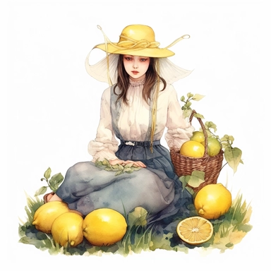 front illumination of ultra realistic watercolor of full body of an insanely beautiful Edwardian era farm girl, sitting on the field with some lemons next to her, lemon themedhighly detailed and realistic, insane quality, mystic, wiccan, art nouveau art style, clipart witchcore dreamcore cottagecore white background no text, isolated on white, ghibli style, watercolor illustration, award winning