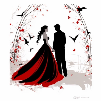 A bride with red dress and a groom with black suit and white shirt must be clip art bride and grrom holding each other from the back watermark simple, elegent and pretty with love birds around make it higresoluution