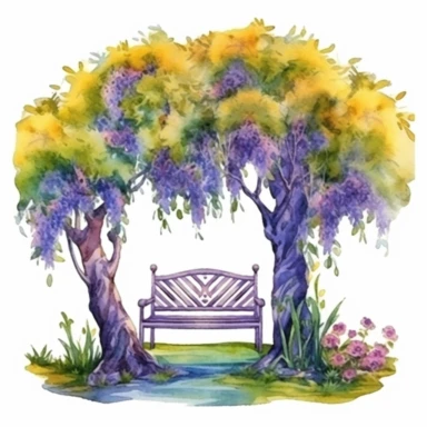 clipart, isolated on white background, Watercolor Spring ornated metale royal bench under the tree, flowers and grass and plants, ornated, vivid and vibrant and saturated colors