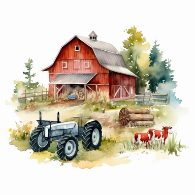Make a clipart of a watercolor painting of a farm with barn animals and a tractor. no background
