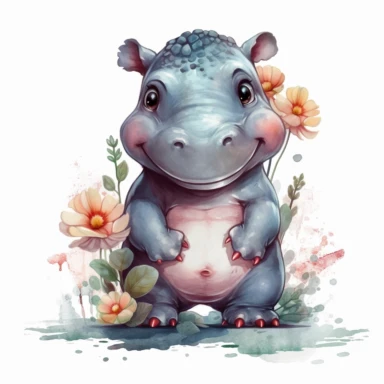 a standing up baby Hippo with cute big eyes, happy smiling face, cute animal, adorable, playful atitude, adorable watercolor animal clipart with a few plant and flowers decor, no background, high quality very sharp with clear focus