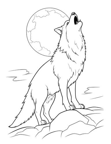clipart cartoon friendly wolf howling, moon in the style of Pierre-Auguste Renior black and white child's coloring book, black and white smooth thick lines, solid white background, no background