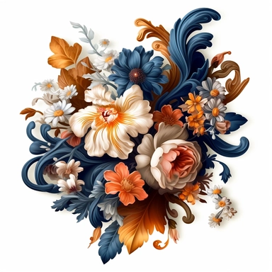floral clip art flower vector floral design on white background 3cs, in the style of alexander jansson, dark navy and brown, baroque ornamental flourishes, serge marshennikov, meticulous design, skillful composition, high resolution
