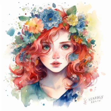 watercolor princess Merida, beautiful face, red hair, curly hair, flowers, clipart, white background, by Kawacy