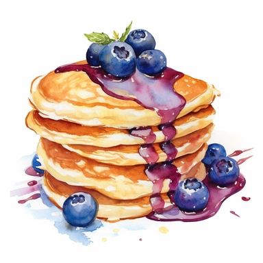 blueberries, watercolour, clipart, high quality, blueberry pancakes, cream on top, on plate