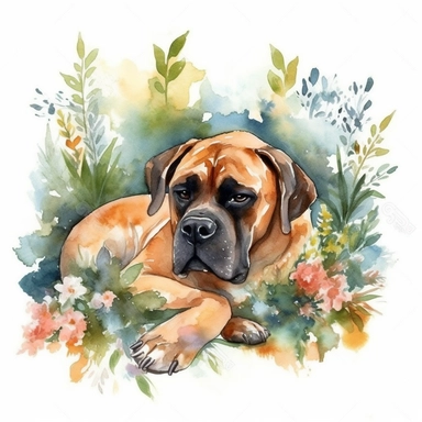Lazy Dog Sleeping in garden over Flowers and Leaves ,Isolated,Watercolor Clipart