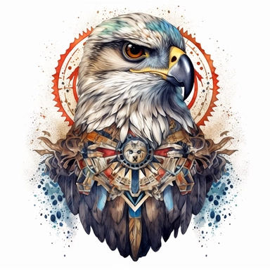 A haunting portrait of a voodoo falcon, with ritualistic markings, adorned with talismans, and an aura of ancient magic that surrounds its being. Clipart, watercolor, white background, intricate detail.